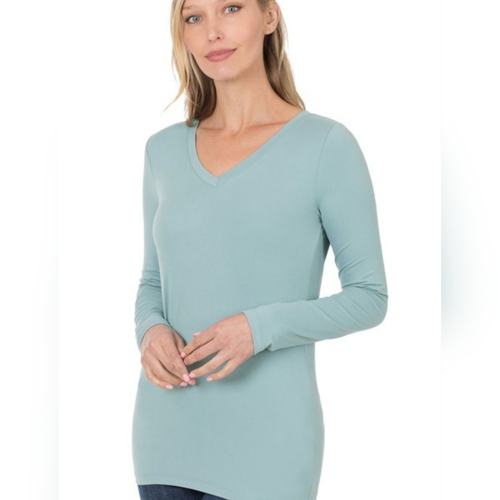 Blue gray  Brushed Microfiber long sleeve vneck top